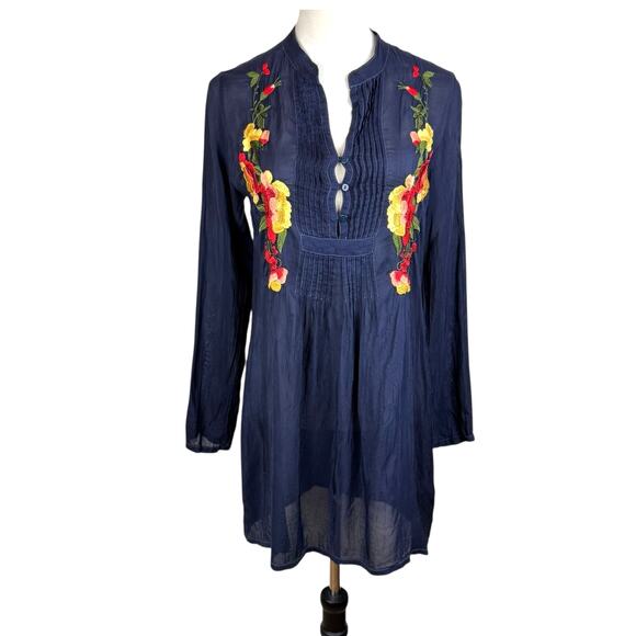 Johnny Was Dark Navy Rayon Embroidered Flower Long Sleeve Tunic Dress *AS IS* - Picture 1 of 12